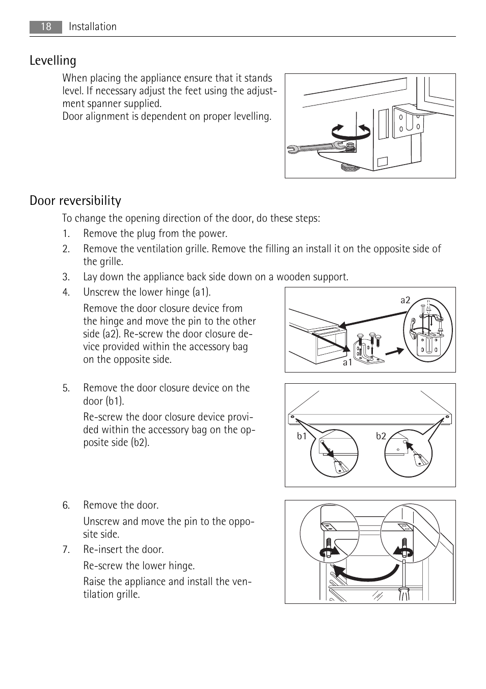 Levelling, Door reversibility | AEG EN AGN2451 User Manual | Page 18 / 24