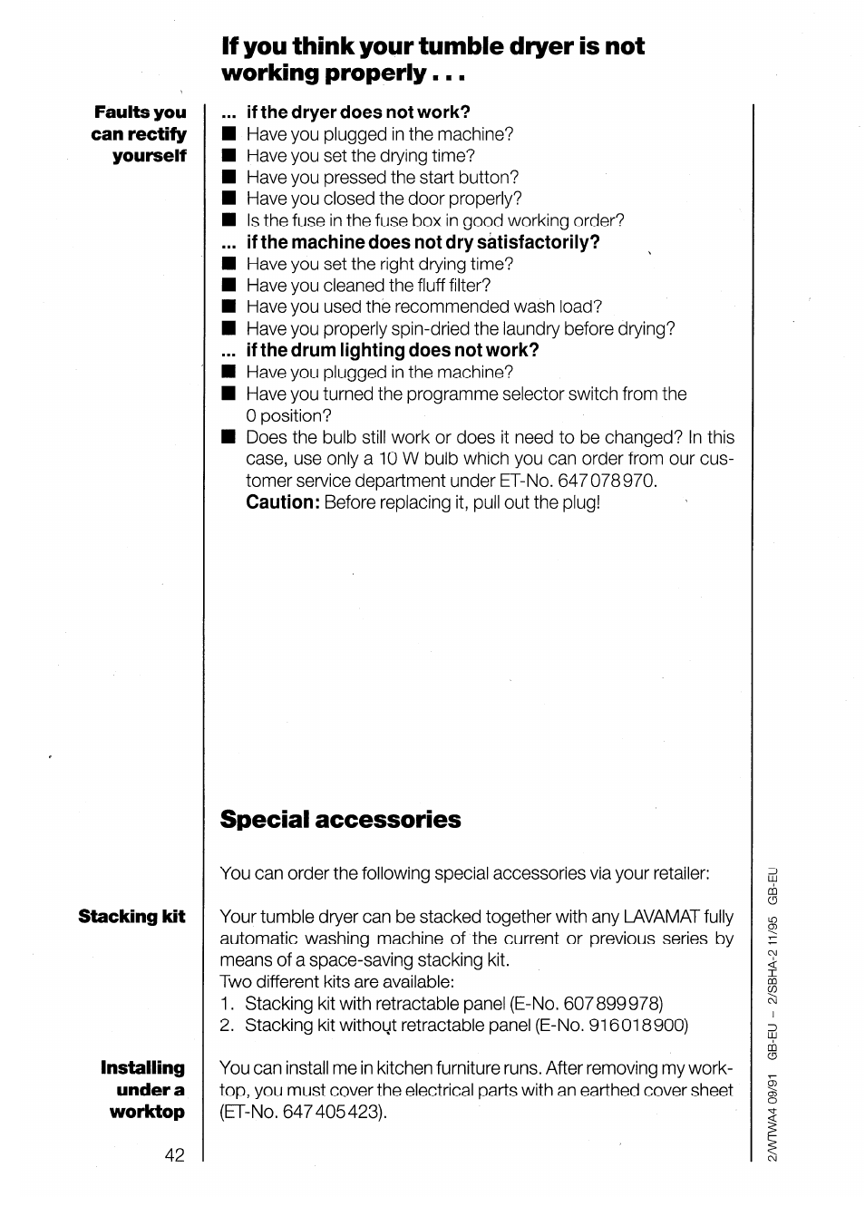 If the dryer does not work, Special accessories | AEG LAVATHERM 3200 User Manual | Page 20 / 23