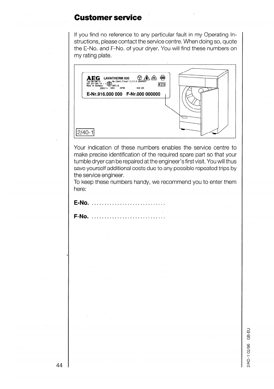 Customer service, E-no, F-no | AEG LAVATHERM 3200 User Manual | Page 22 / 23