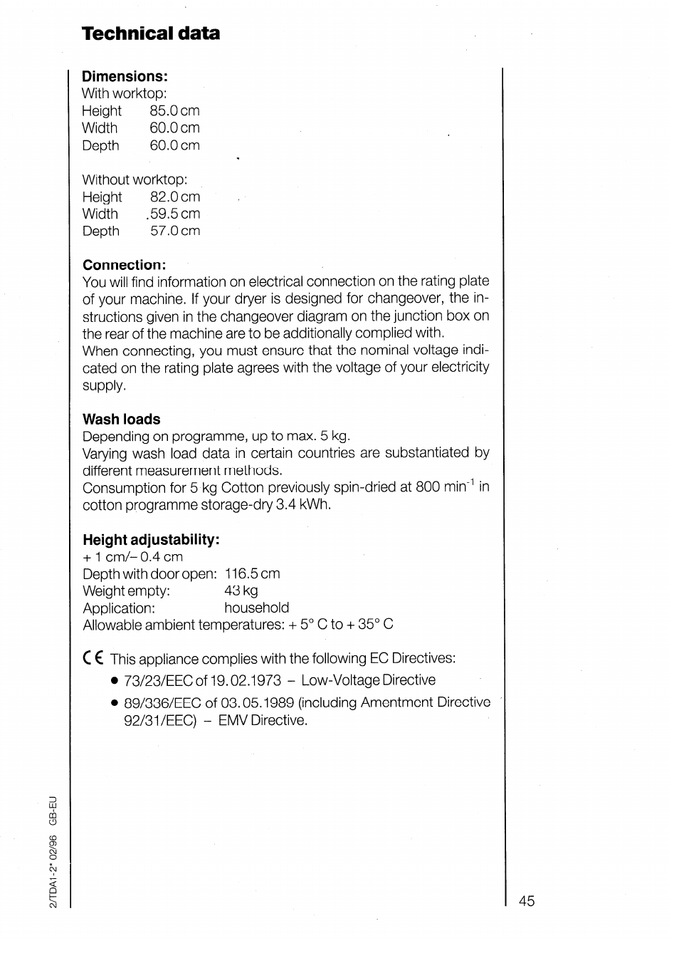 Technical data, Dimensions, Connection | Wash loads, Height adjustability | AEG LAVATHERM 3200 User Manual | Page 23 / 23