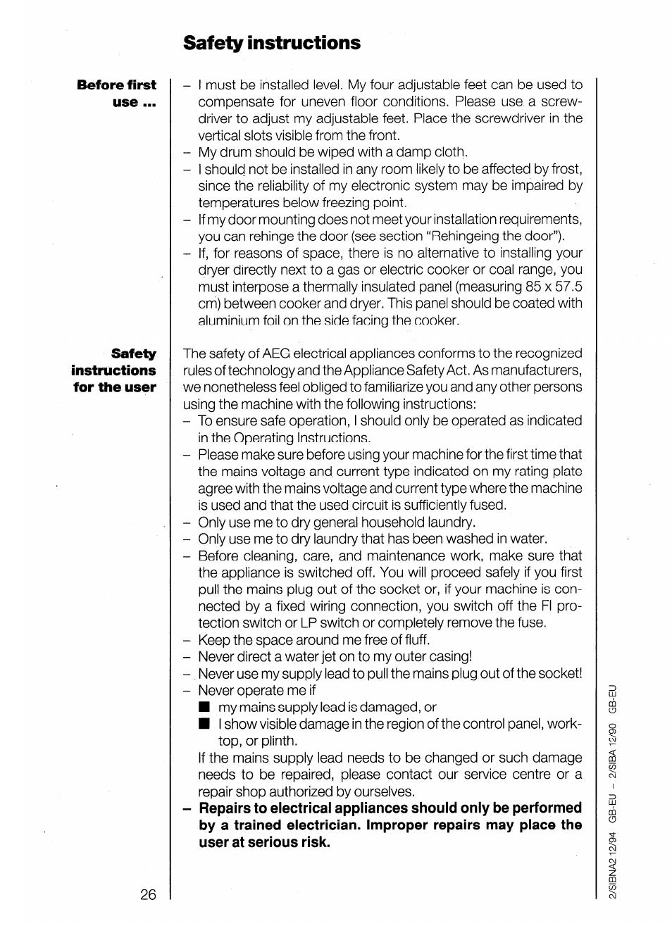 Safety instructions | AEG LAVATHERM 3200 User Manual | Page 4 / 23