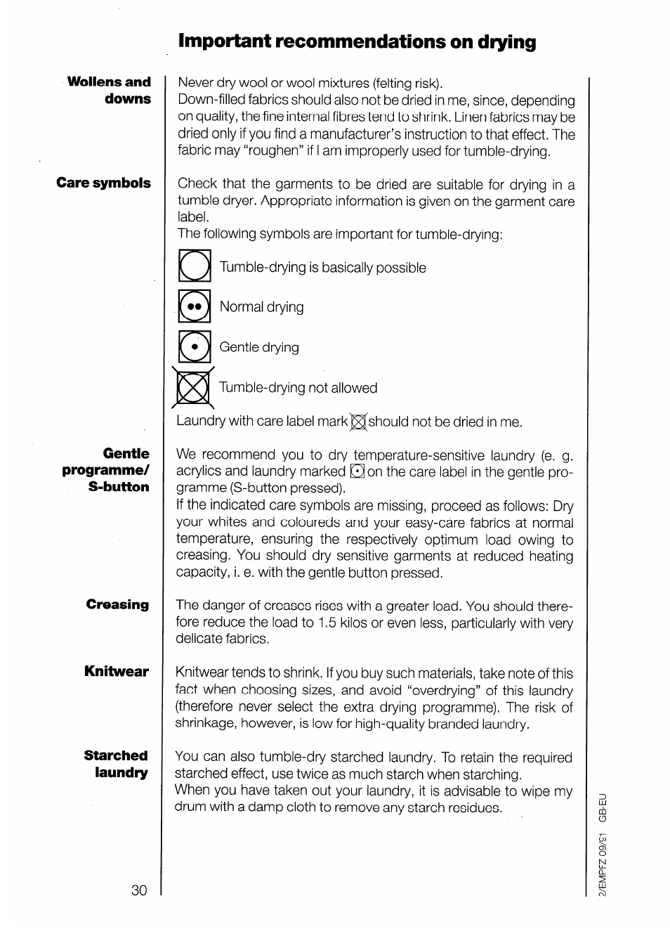 Important recommendations on drying, Wollens and downs, Care symbols | AEG LAVATHERM 3200 User Manual | Page 8 / 23