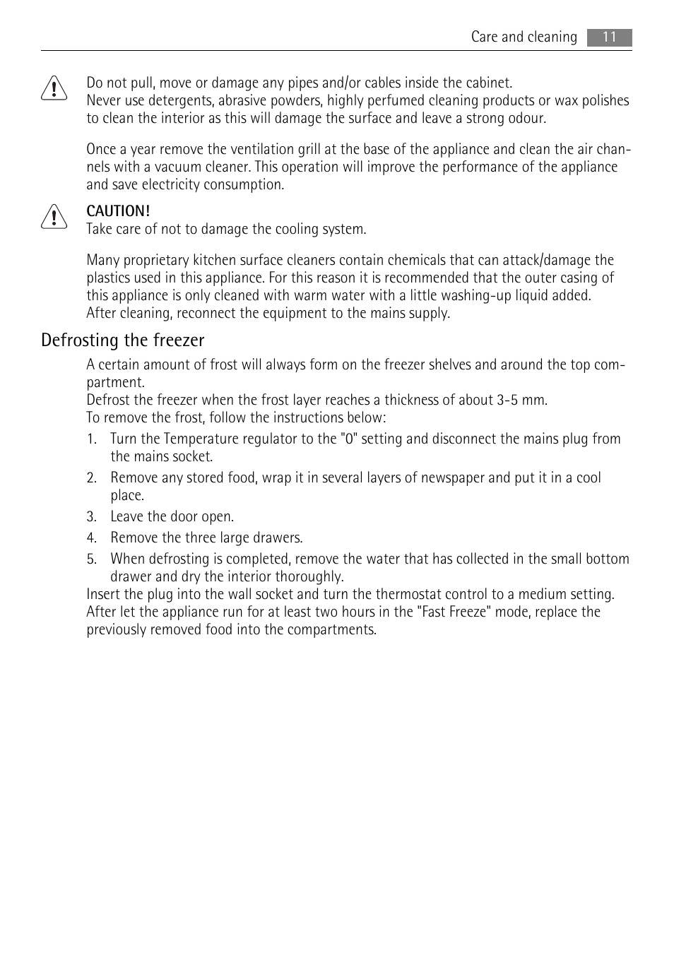 Defrosting the freezer | AEG AGS58200F0 User Manual | Page 11 / 20