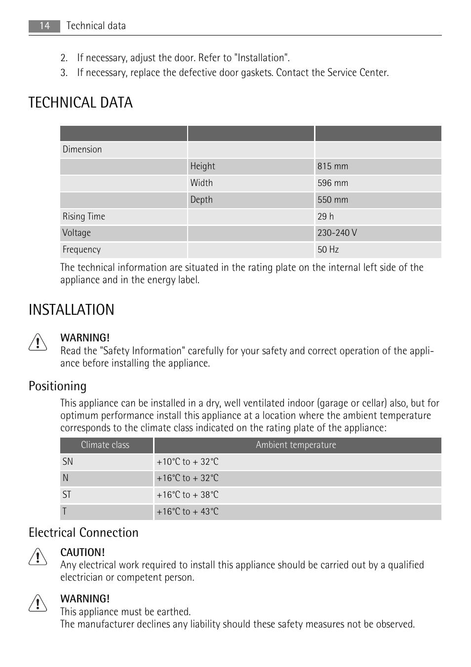 Technical data, Installation, Positioning | Electrical connection | AEG AGS58200F0 User Manual | Page 14 / 20