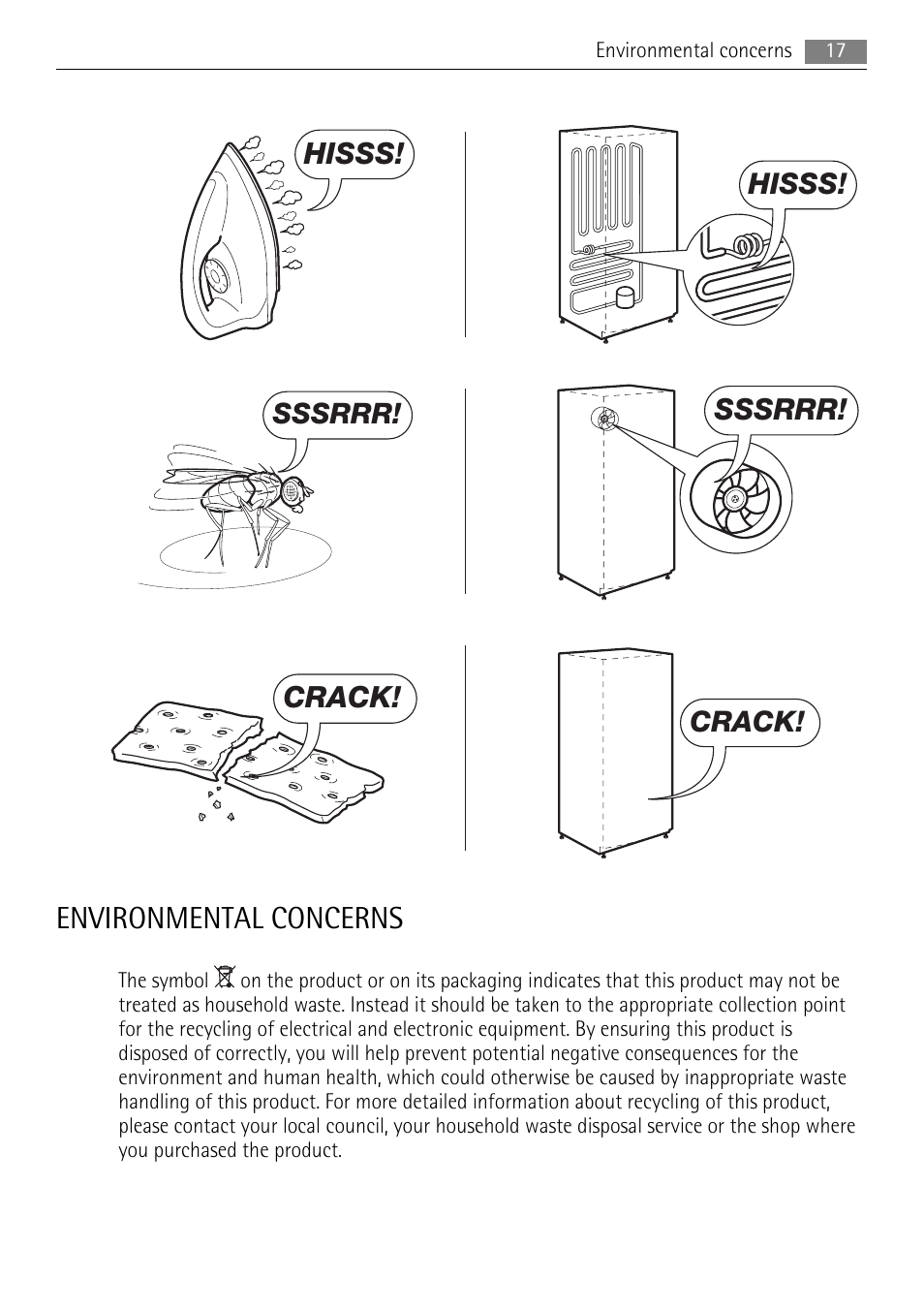 Environmental concerns, Hisss, Sssrrr | Crack | AEG AGS58200F0 User Manual | Page 17 / 20