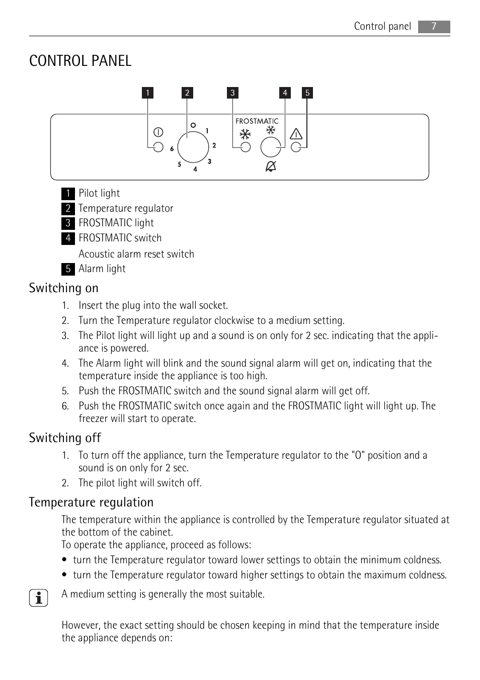 Control panel, Switching on, Switching off | Temperature regulation | AEG AGS58200F0 User Manual | Page 7 / 20