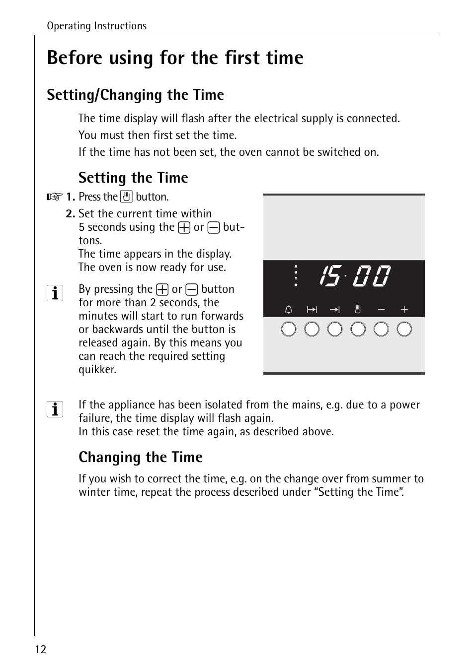 Before using for the first time, Setting/changing the time, Setting the time | Changing the time | AEG COMPETENCE B 2100 User Manual | Page 12 / 56