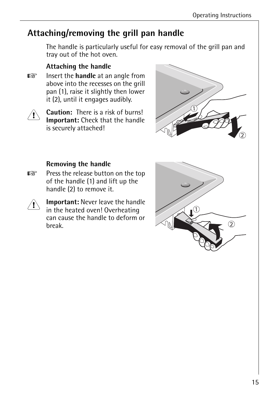 Attaching/removing the grill pan handle | AEG COMPETENCE B 2100 User Manual | Page 15 / 56