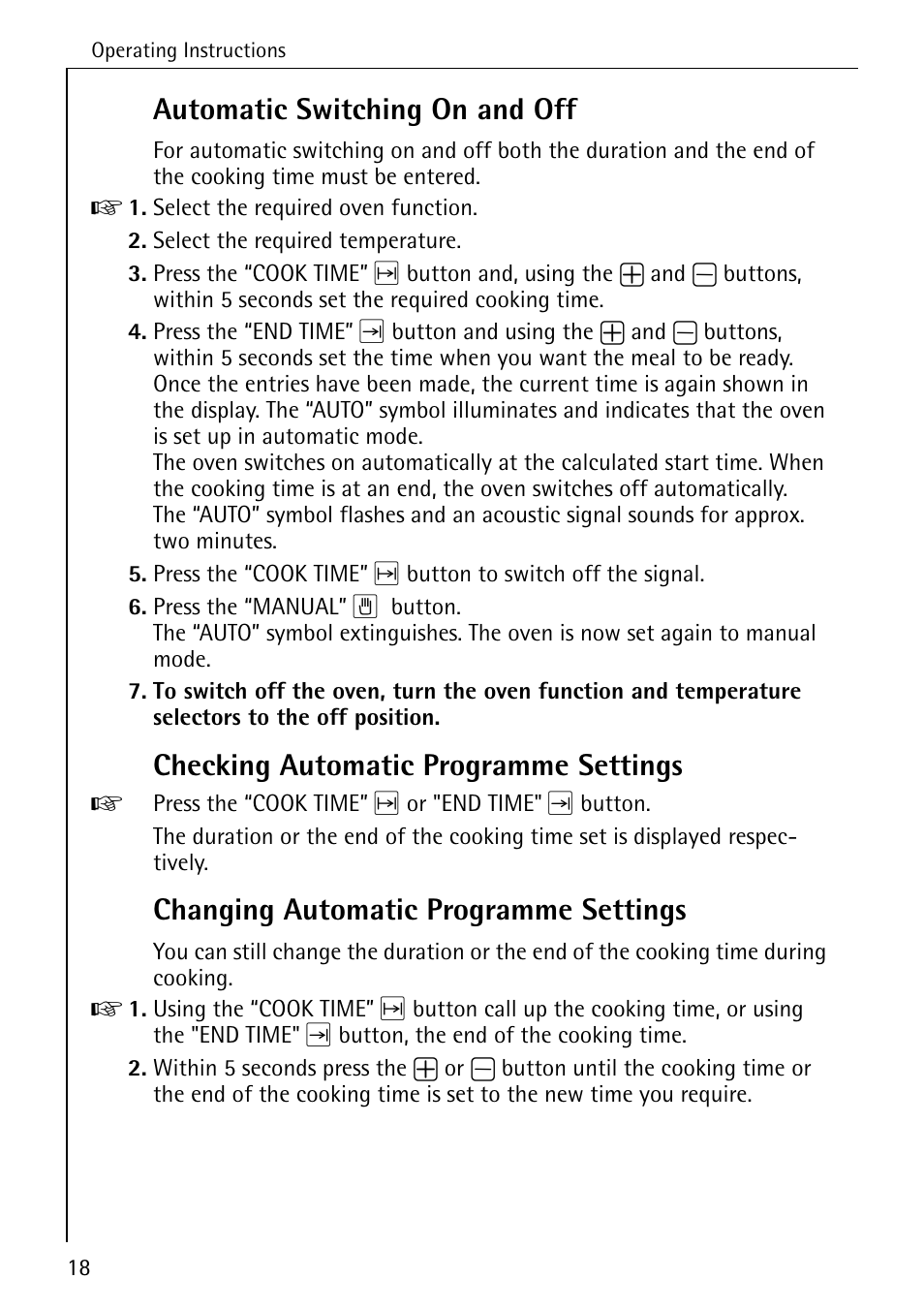 Automatic switching on and off, Checking automatic programme settings, Changing automatic programme settings | AEG COMPETENCE B 2100 User Manual | Page 18 / 56