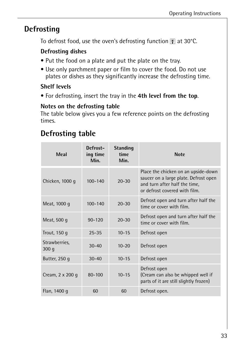 Defrosting, Defrosting table | AEG COMPETENCE B 2100 User Manual | Page 33 / 56