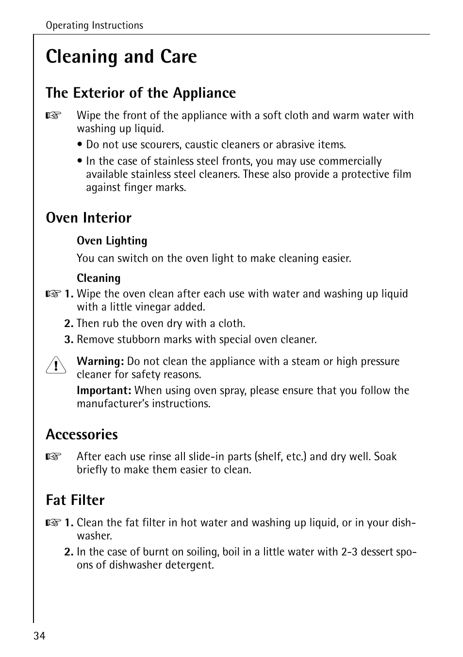 Cleaning and care, The exterior of the appliance, Oven interior | Accessories, Fat filter | AEG COMPETENCE B 2100 User Manual | Page 34 / 56