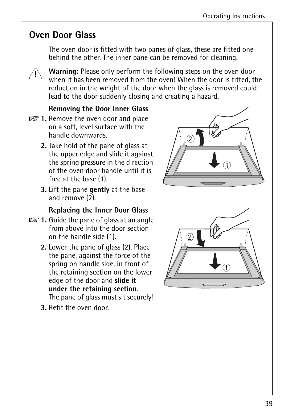Oven door glass | AEG COMPETENCE B 2100 User Manual | Page 39 / 56