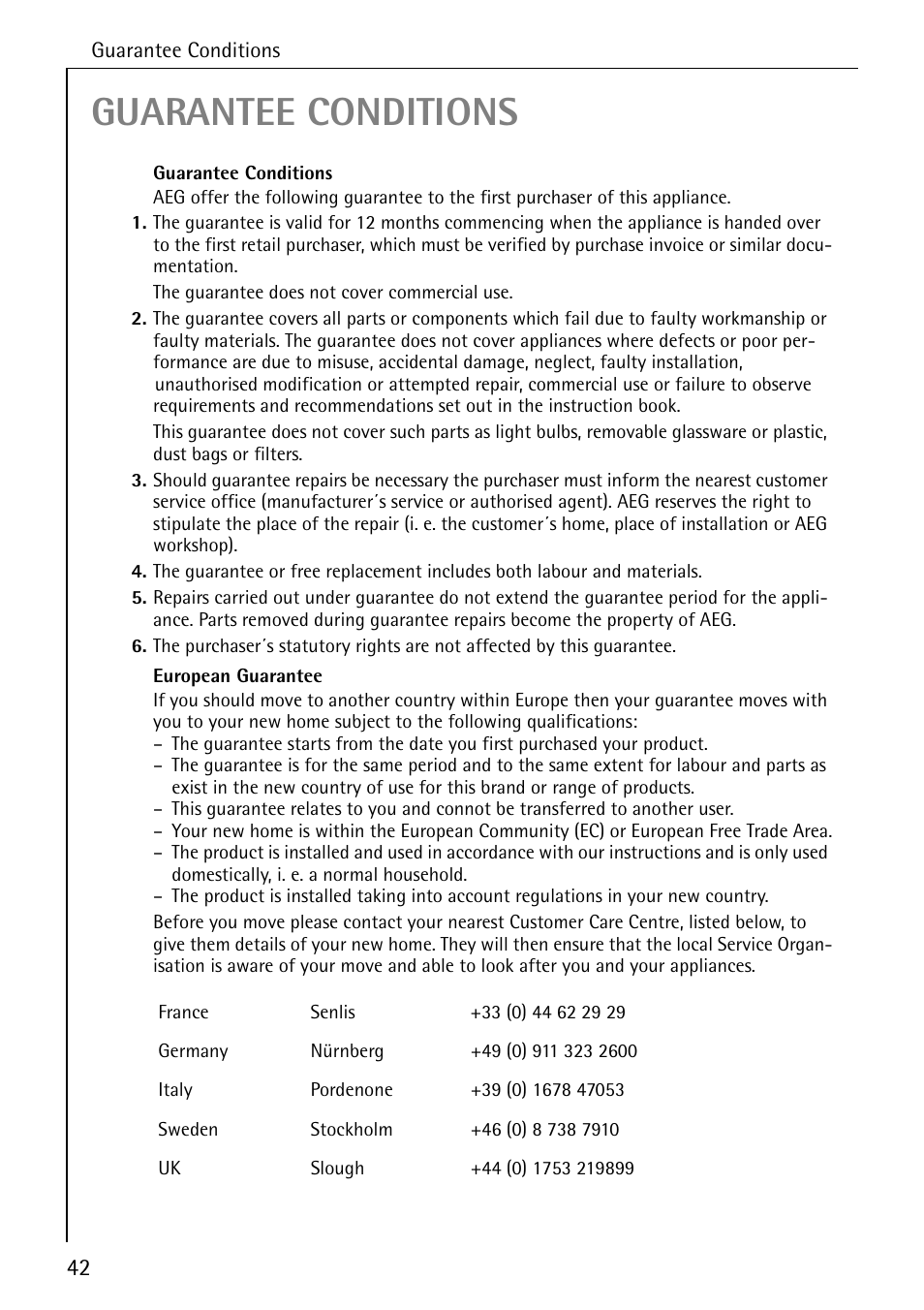 Guarantee conditions | AEG COMPETENCE B 2100 User Manual | Page 42 / 56