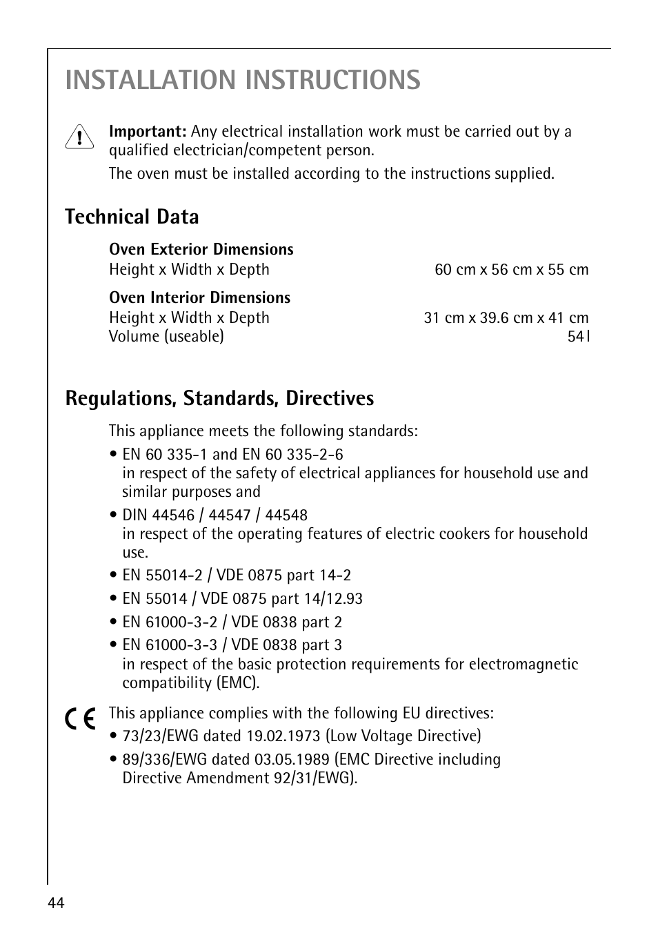 Installation instructions, Technical data, Regulations, standards, directives | AEG COMPETENCE B 2100 User Manual | Page 44 / 56