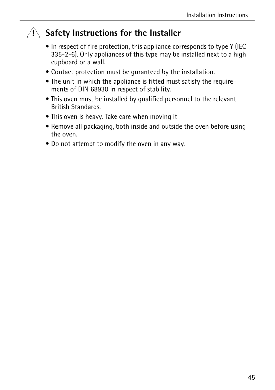 Safety instructions for the installer | AEG COMPETENCE B 2100 User Manual | Page 45 / 56