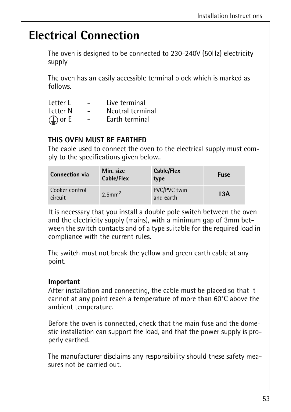 Electrical connection | AEG COMPETENCE B 2100 User Manual | Page 53 / 56