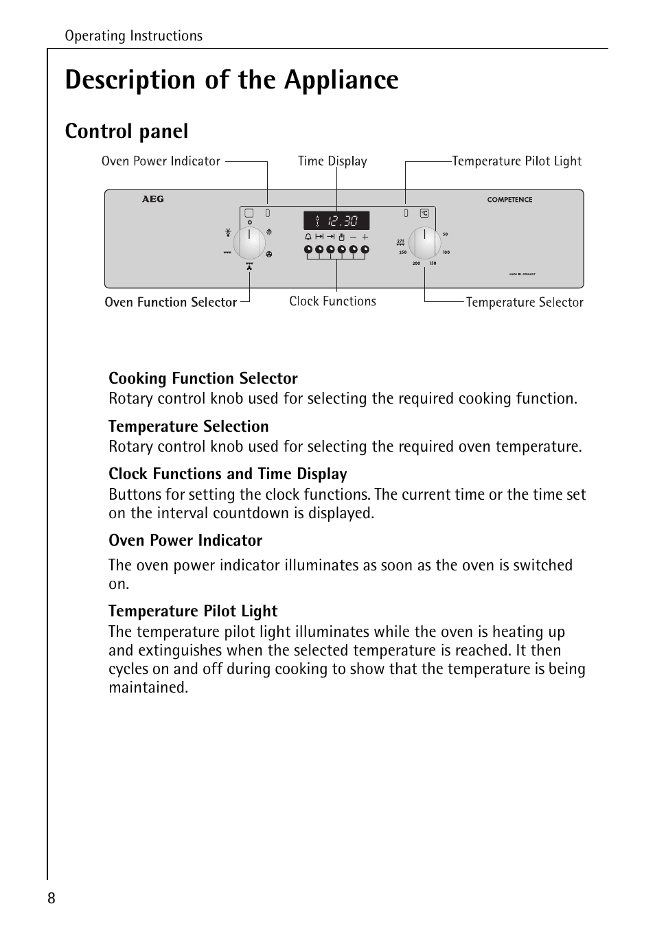 Description of the appliance, Control panel | AEG COMPETENCE B 2100 User Manual | Page 8 / 56