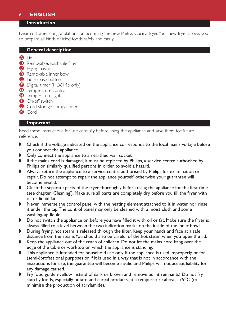 English 6 | Philips Freidora User Manual | Page 6 / 80