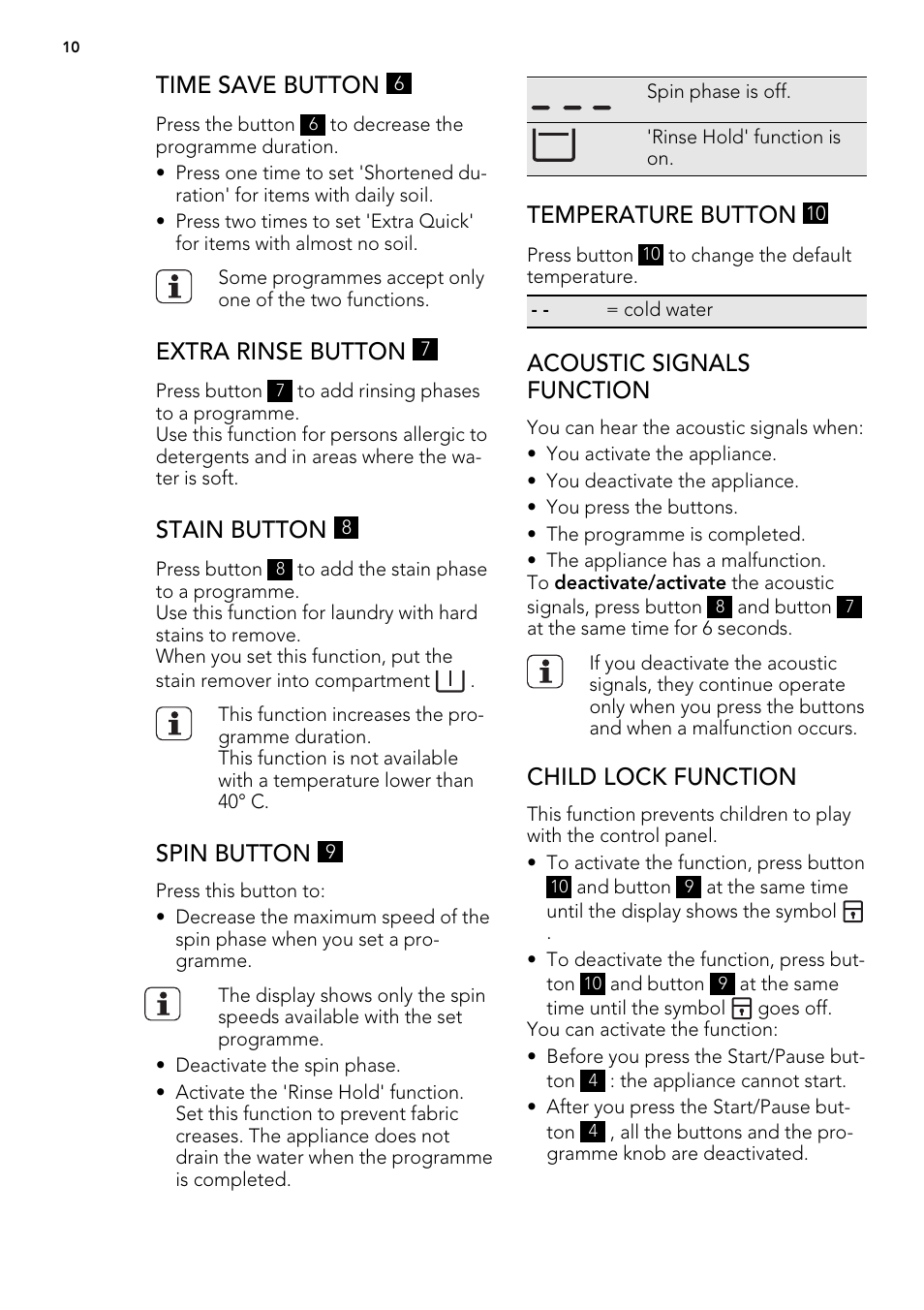 Time save button, Extra rinse button, Stain button | Spin button, Temperature button, Acoustic signals function, Child lock function | AEG L 70670 FL User Manual | Page 10 / 36