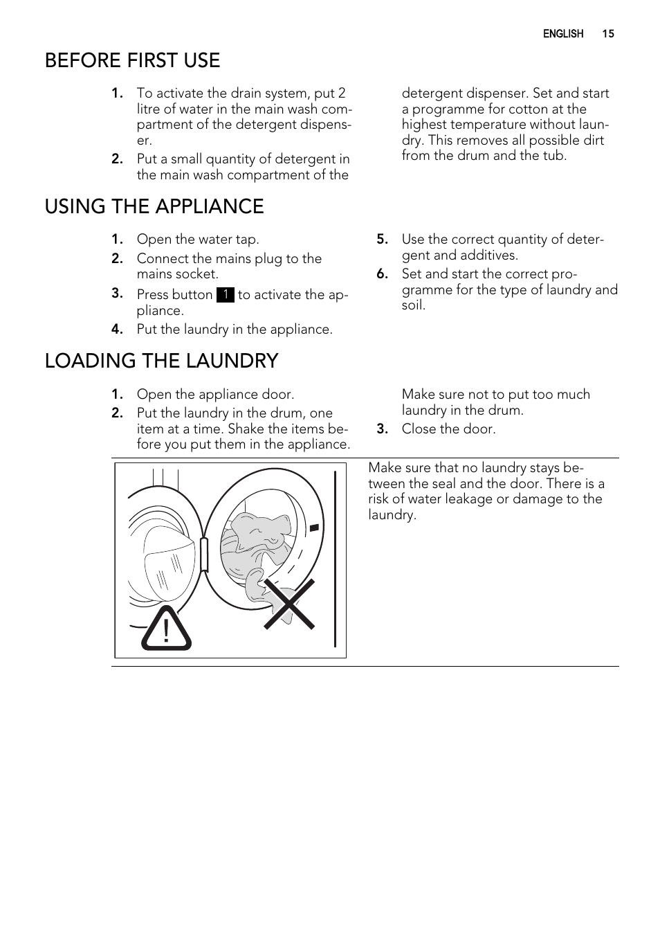 Before first use, Using the appliance, Loading the laundry | AEG L 70670 FL User Manual | Page 15 / 36