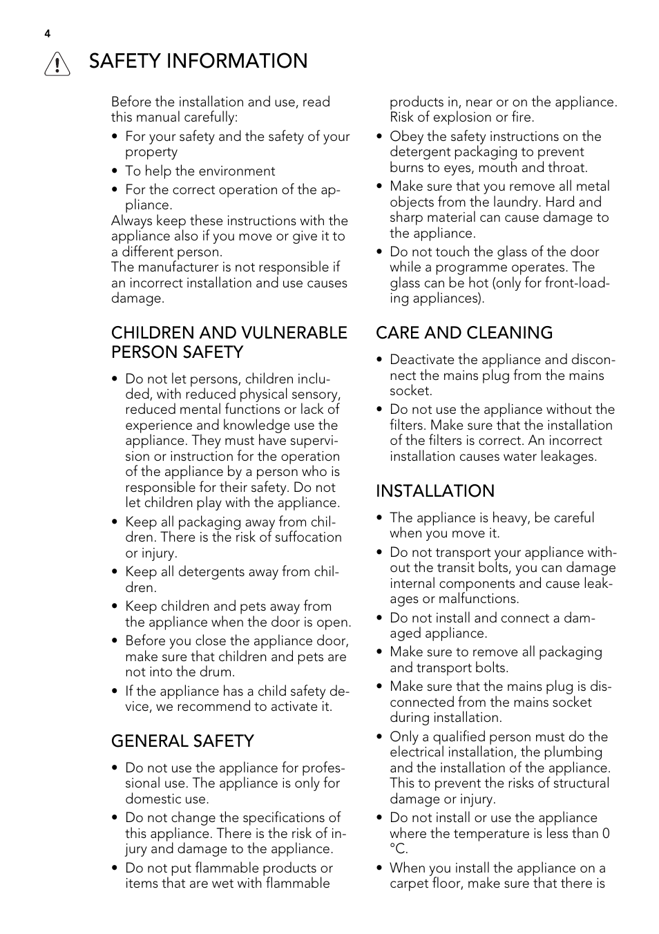 Safety information, Children and vulnerable person safety, General safety | Care and cleaning, Installation | AEG L 70670 FL User Manual | Page 4 / 36