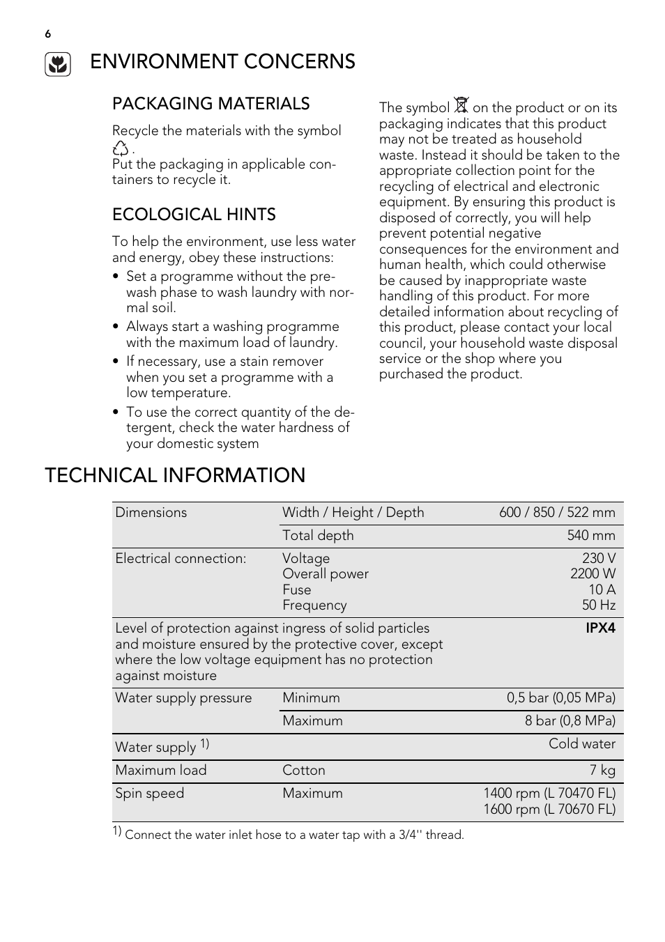 Environment concerns, Technical information, Packaging materials | Ecological hints | AEG L 70670 FL User Manual | Page 6 / 36
