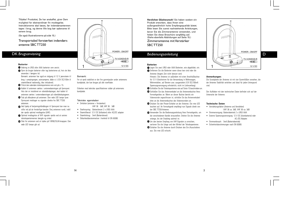 1dk brugsanvisning, Bedienungsanleitung d | Philips Antena de televisión User Manual | Page 7 / 7