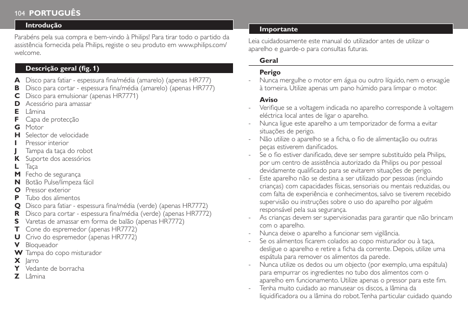 Português, Português 104 | Philips Robot de cocina User Manual | Page 104 / 136