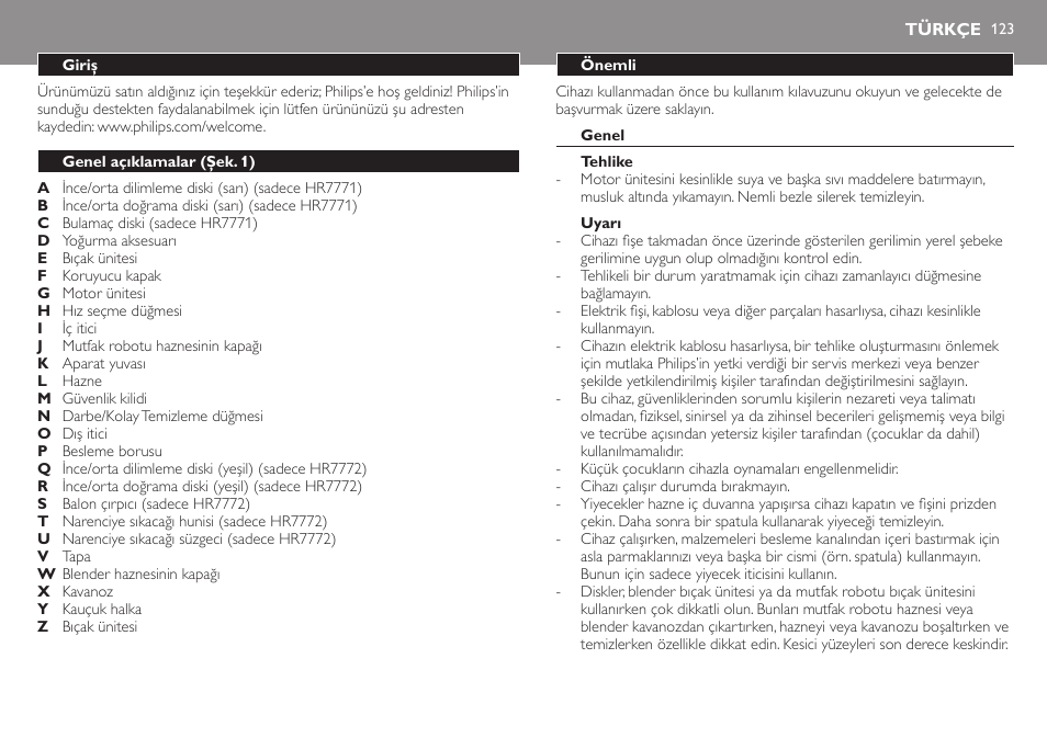 Türkçe, Türkçe 123 | Philips Robot de cocina User Manual | Page 123 / 136