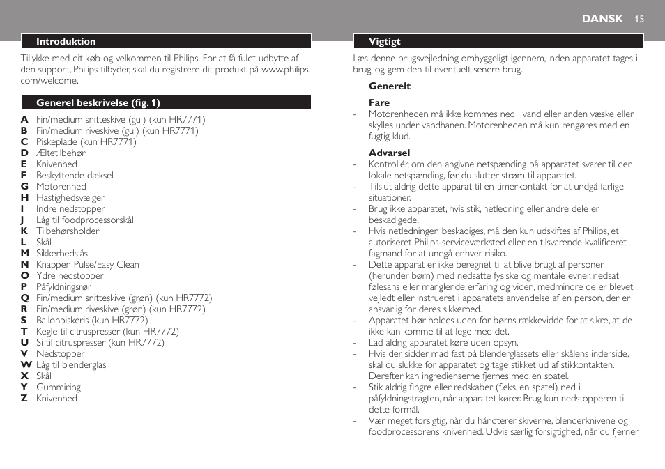 Dansk, Dansk 15 | Philips Robot de cocina User Manual | Page 15 / 136