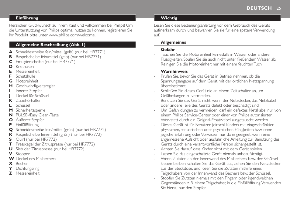 Deutsch, Deutsch 25 | Philips Robot de cocina User Manual | Page 25 / 136
