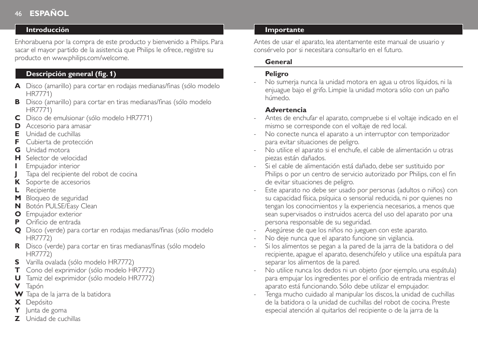 Español, Español 46 | Philips Robot de cocina User Manual | Page 46 / 136