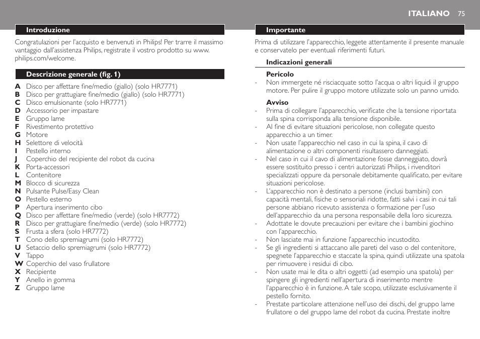 Italiano, Italiano 75 | Philips Robot de cocina User Manual | Page 75 / 136
