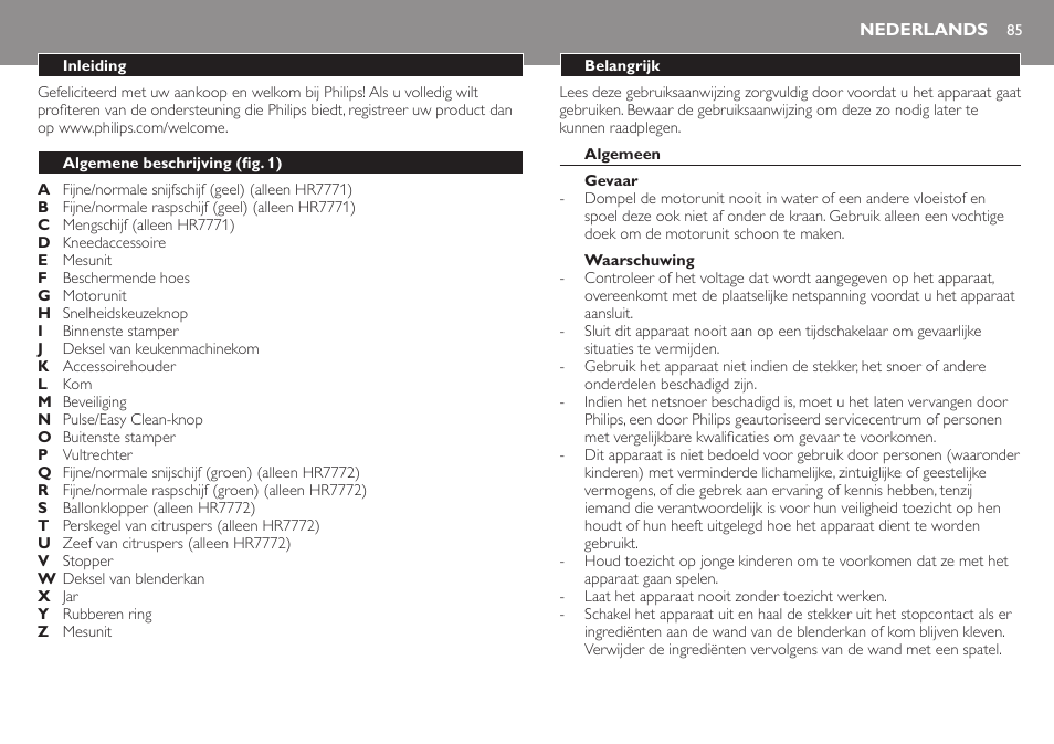 Nederlands, Nederlands 85 | Philips Robot de cocina User Manual | Page 85 / 136