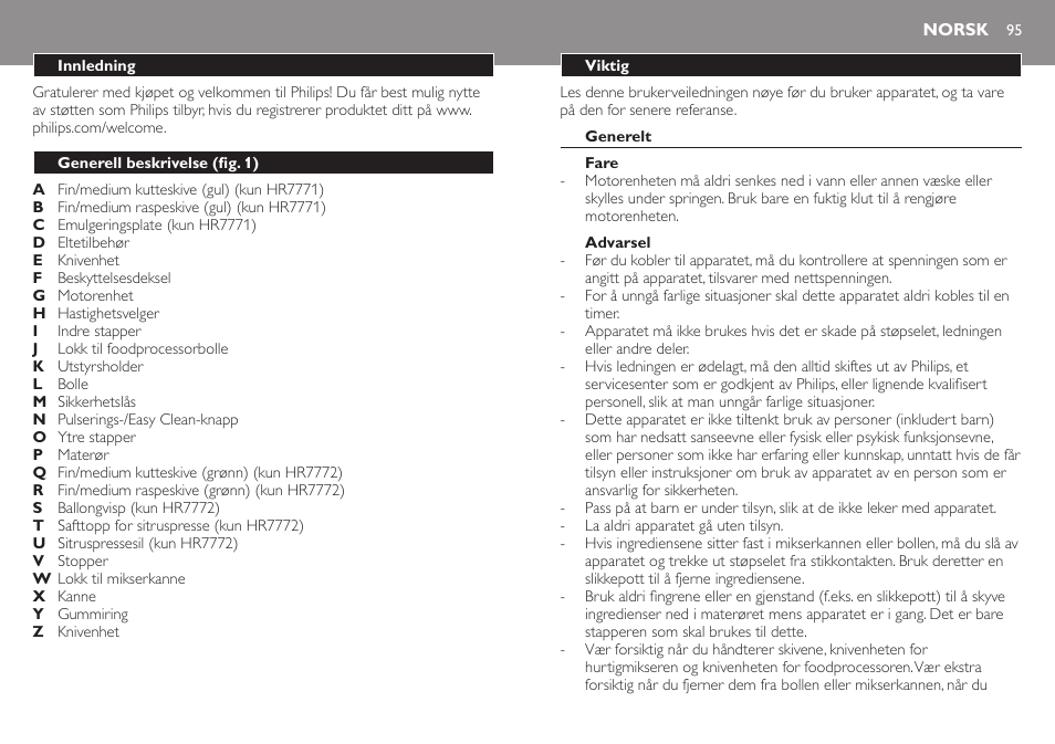 Norsk, Norsk 95 | Philips Robot de cocina User Manual | Page 95 / 136