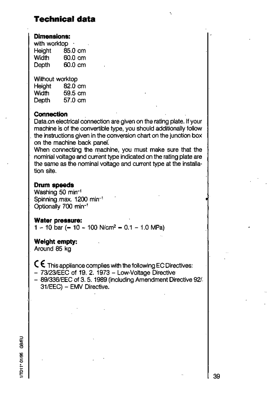 Technical data | AEG LAVAMAT 6450 User Manual | Page 39 / 40
