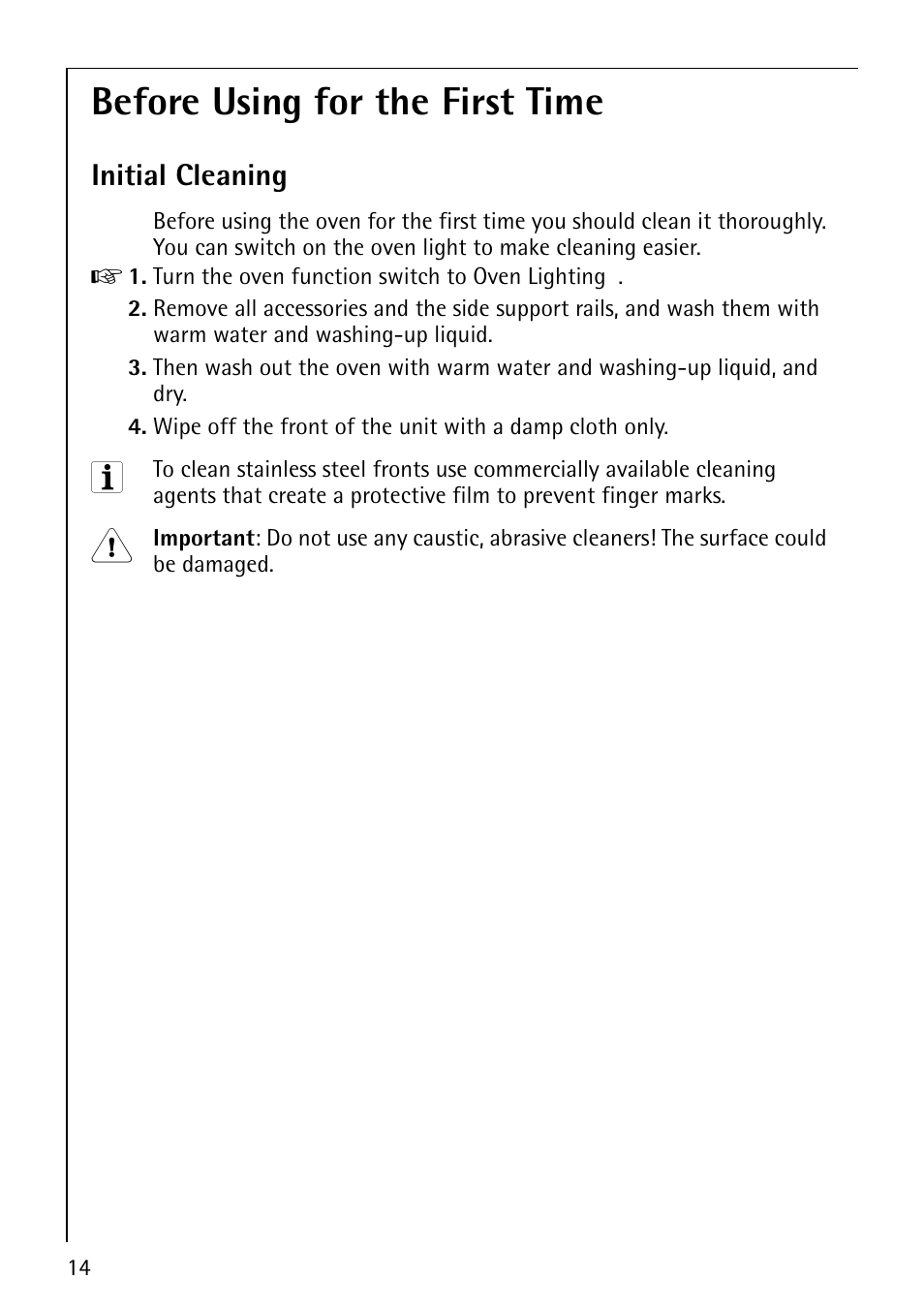 Before using for the first time, Initial cleaning | AEG COMPETENCE E3100-1 User Manual | Page 14 / 52