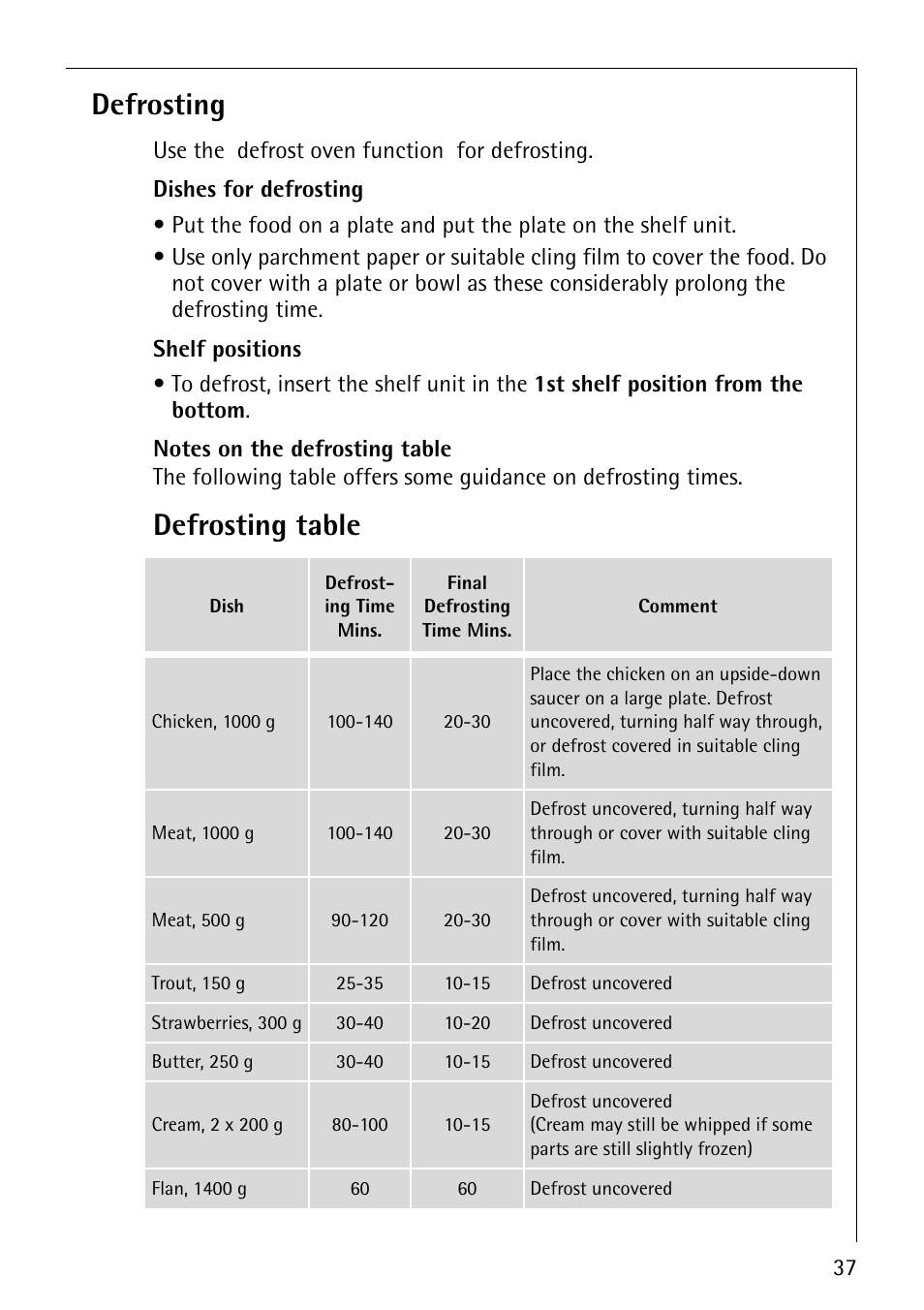 Defrosting, Defrosting table | AEG COMPETENCE E3100-1 User Manual | Page 37 / 52