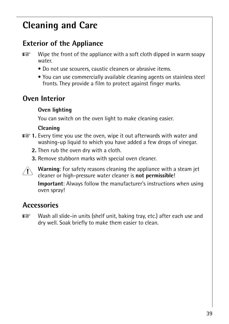 Cleaning and care, Exterior of the appliance, Oven interior | Accessories | AEG COMPETENCE E3100-1 User Manual | Page 39 / 52