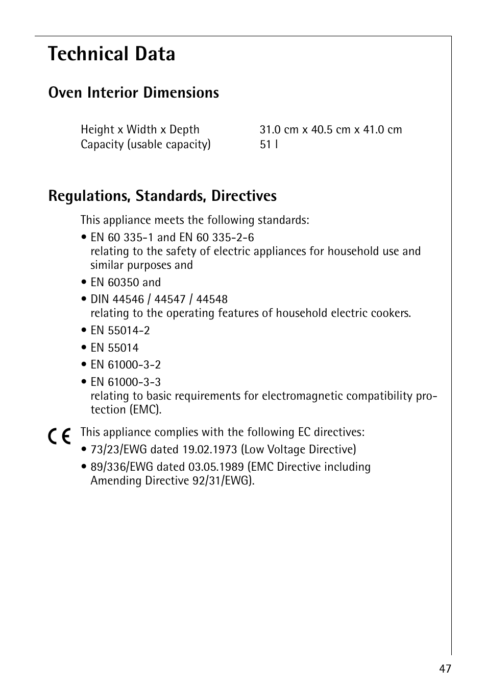 Technical data | AEG COMPETENCE E3100-1 User Manual | Page 47 / 52