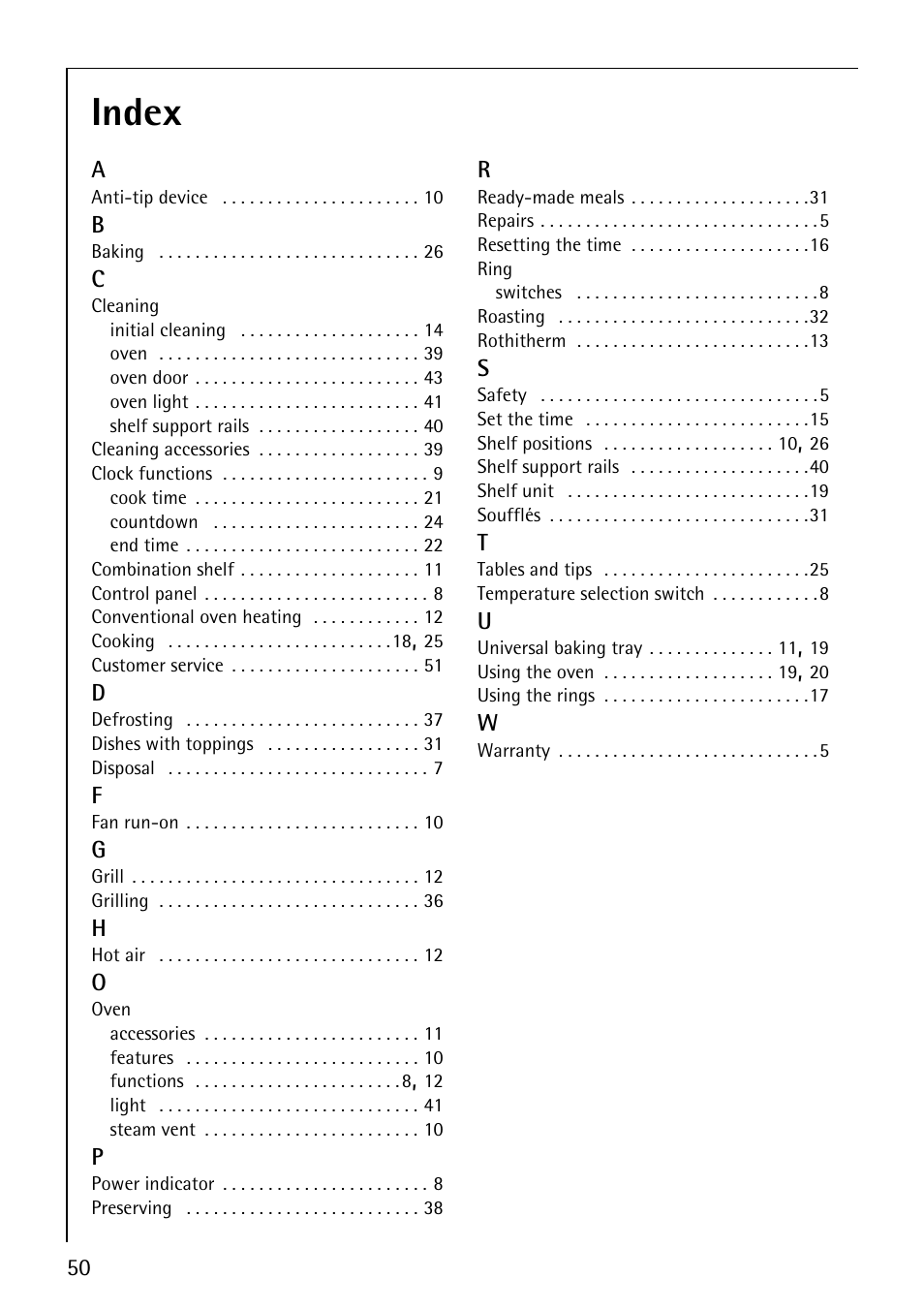 Index | AEG COMPETENCE E3100-1 User Manual | Page 50 / 52
