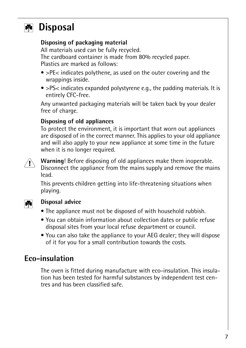 Disposal, Eco-insulation | AEG COMPETENCE E3100-1 User Manual | Page 7 / 52