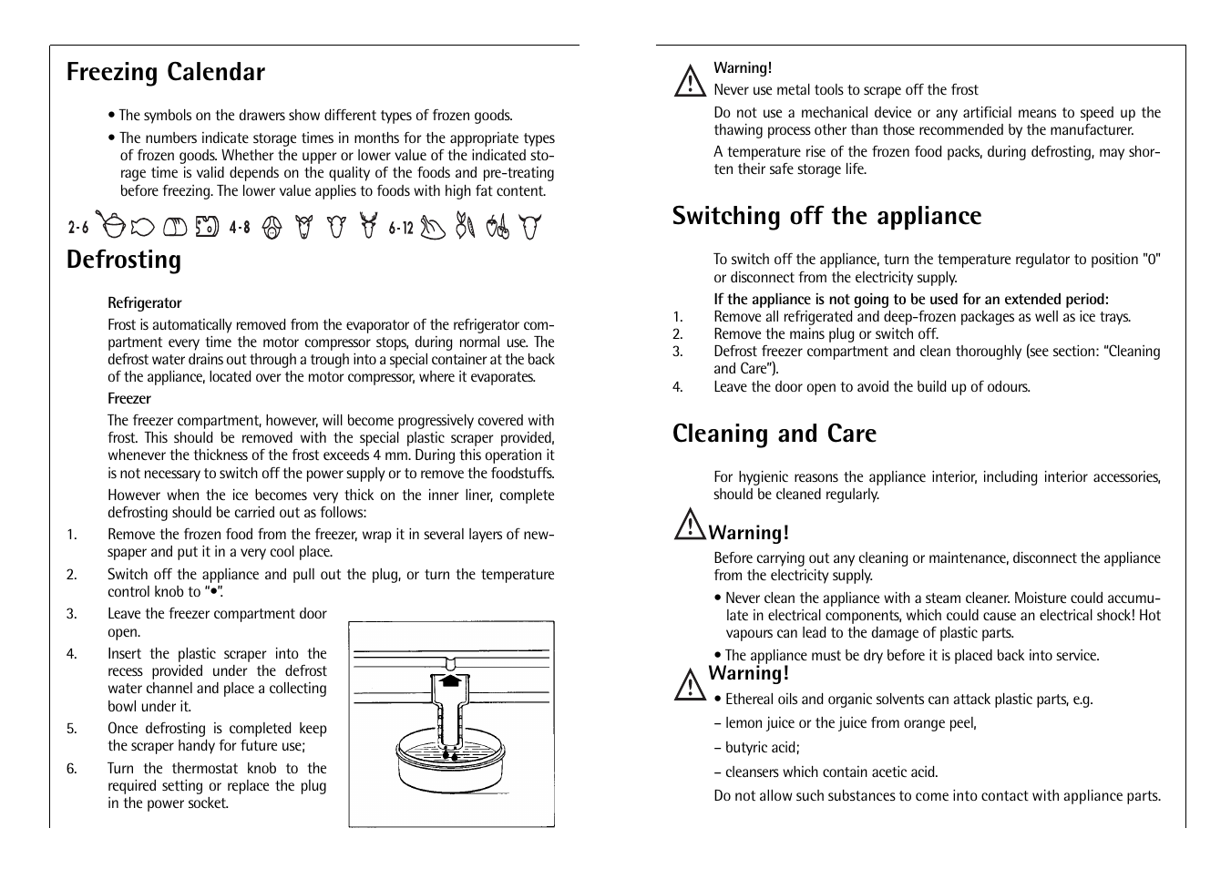 Freezing calendar, Defrosting, Switching off the appliance | Cleaning and care | AEG C 8 16 41 I User Manual | Page 12 / 12