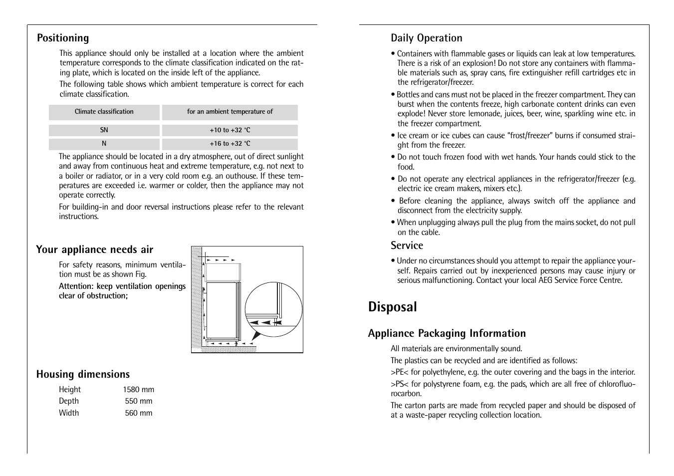 Disposal, Daily operation, Service | Appliance packaging information, Housing dimensions, Positioning, Your appliance needs air | AEG C 8 16 41 I User Manual | Page 5 / 12