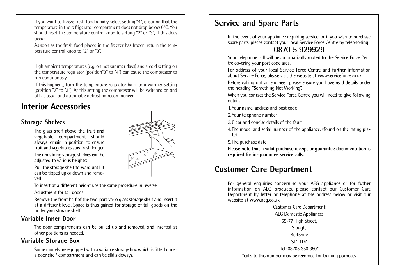 Interior accessories, Service and spare parts, Customer care department | AEG C 8 16 41 I User Manual | Page 8 / 12