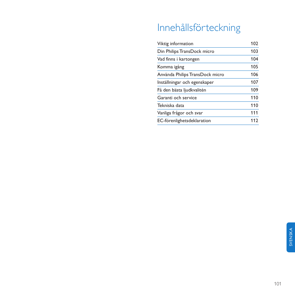 Innehållsförteckning | Philips TransDock micro User Manual | Page 101 / 212