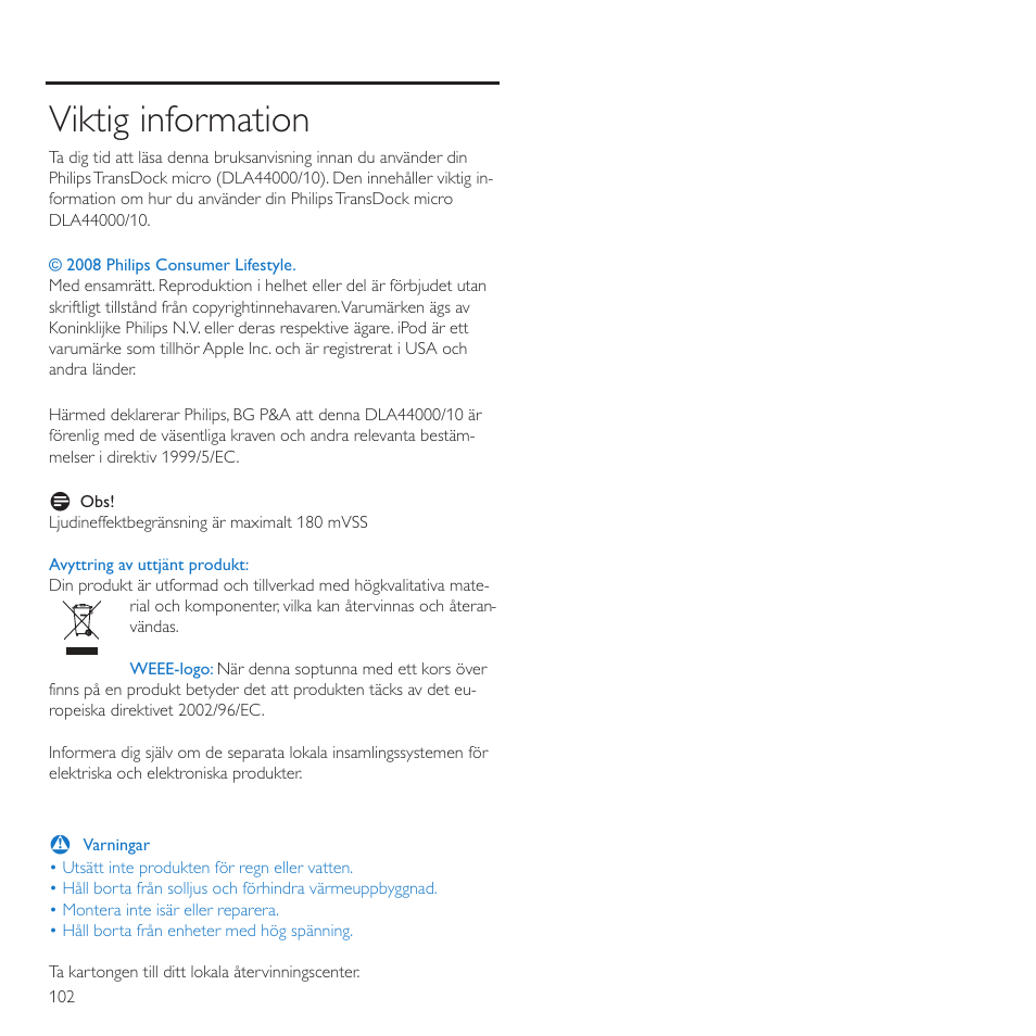 Viktig information | Philips TransDock micro User Manual | Page 102 / 212