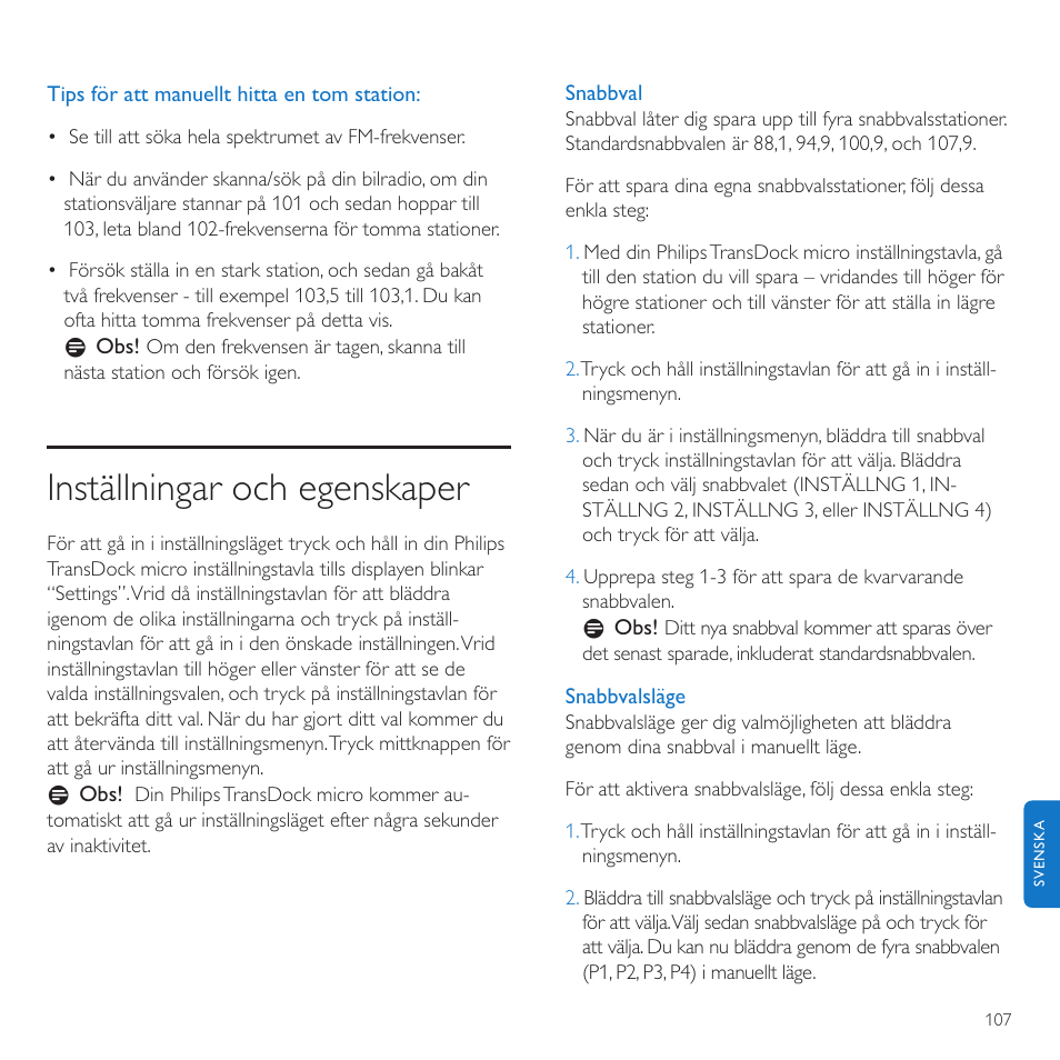 Inställningar och egenskaper | Philips TransDock micro User Manual | Page 107 / 212