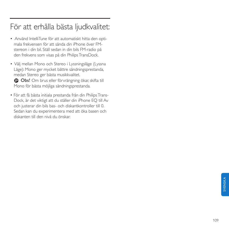 För att erhålla bästa ljudkvalitet | Philips TransDock micro User Manual | Page 109 / 212