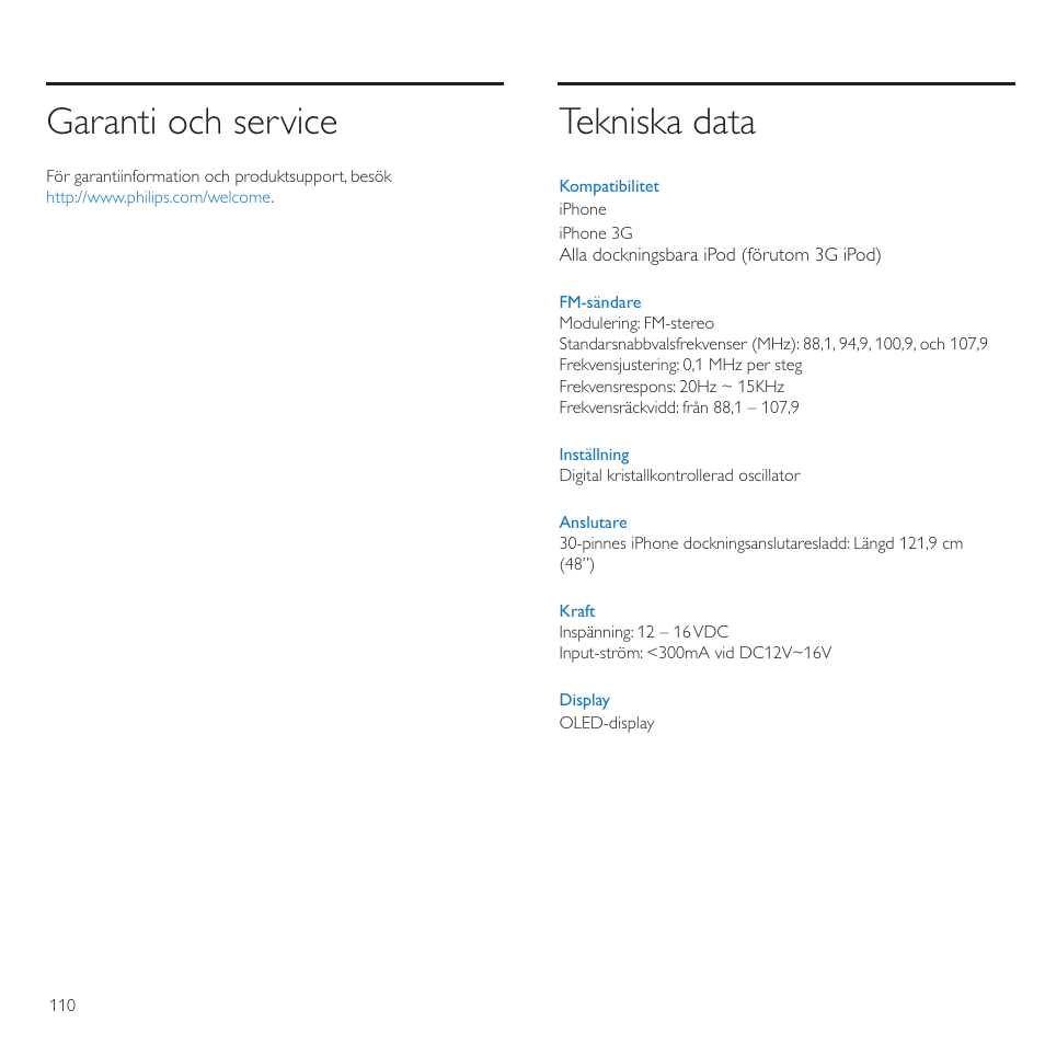 Garanti och service, Tekniska data | Philips TransDock micro User Manual | Page 110 / 212